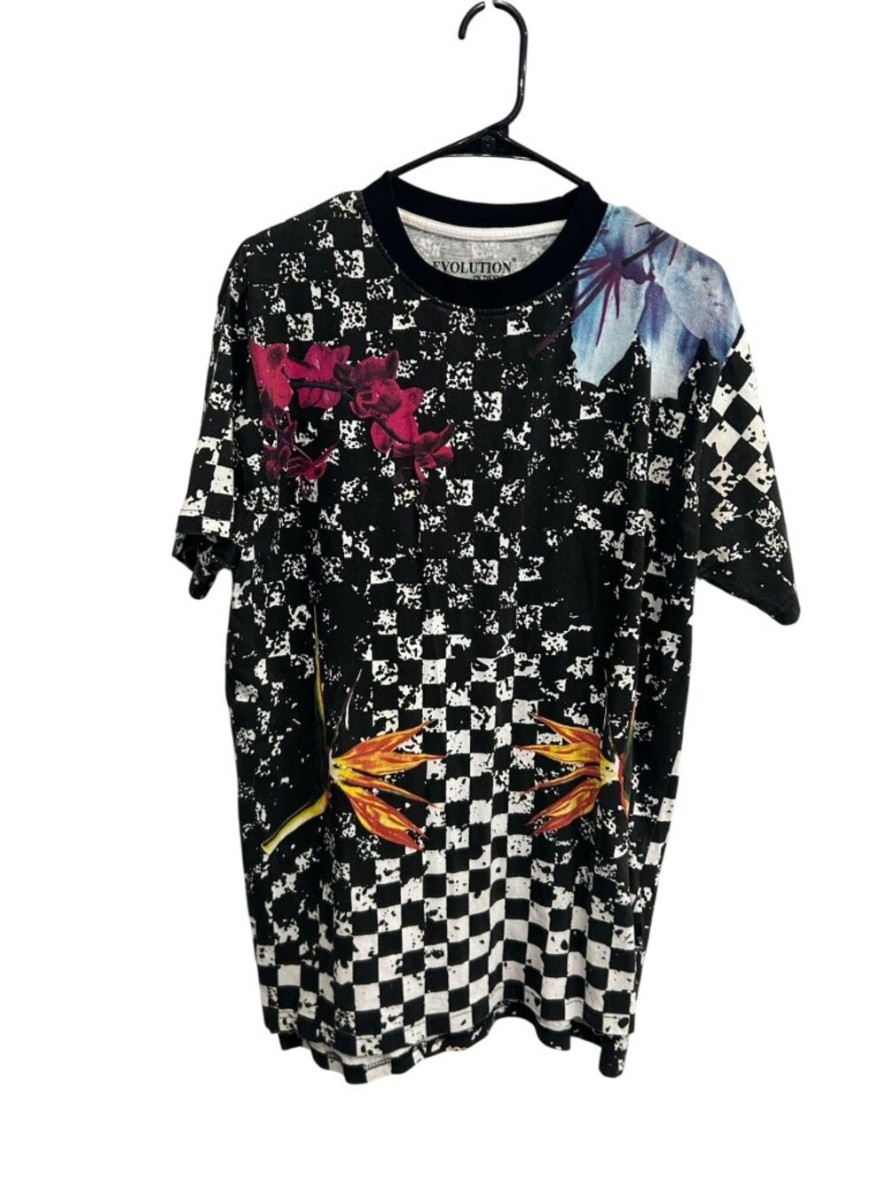 Evolution In Design XL Mens Checkered Floral Graphic T-Shirt Maximalist Retro